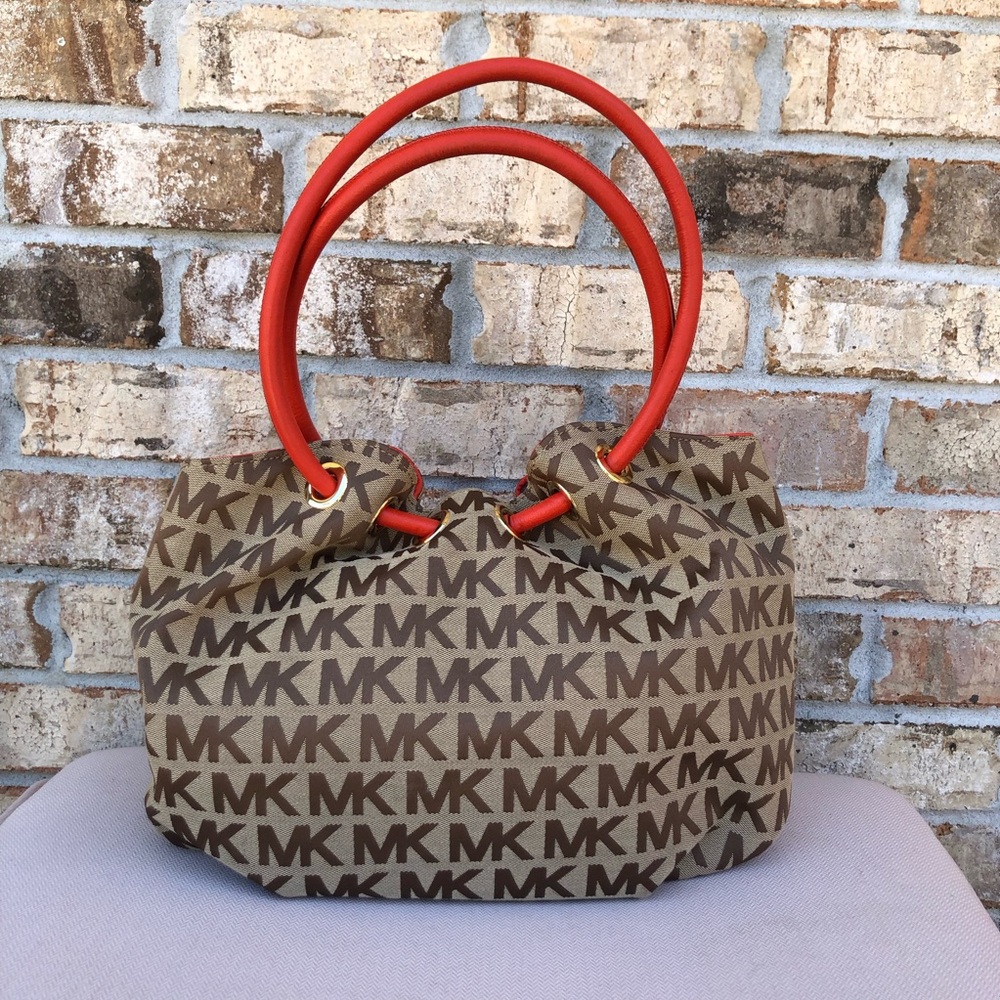 Michael Kors Signature Jacquard East West Ring Tan Orange Red Medium Tote Bag - Picture 6 of 16